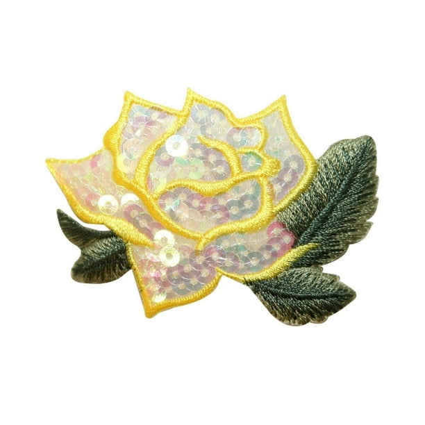 ID 6002 Sequin Yellow Rose Patch Blossom Open Flower Embroidered IronOn Applique